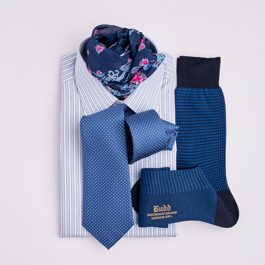 Exclusive Budd Stripe Shirt in Sky with Scarf and Tie