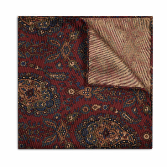 Edwardian Paisley Silk Twill Pocket Square in Red