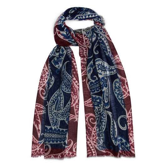 Abstract Paisley Wool Scarf in Navy and Wine