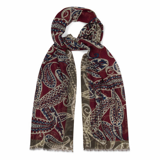 Abstract Paisley Wool Scarf in Red and Moss