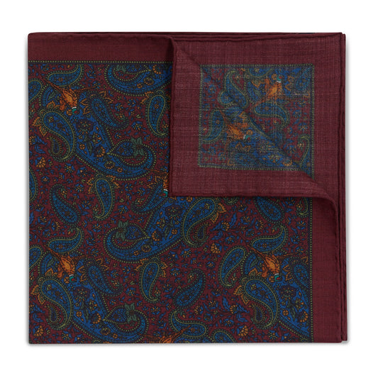 Find The Pheasant Silk and Wool Pocket Square in Burgundy