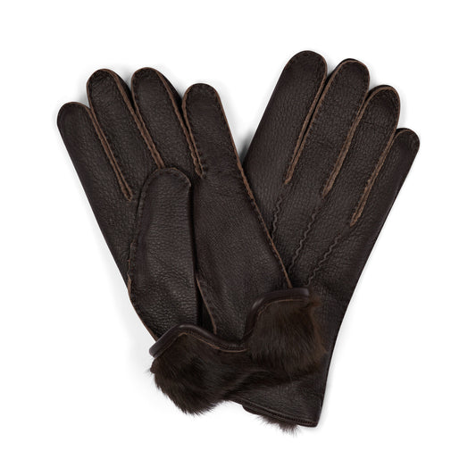 Deerskin Gloves with Rabbit Fur Lining in Dark Brown