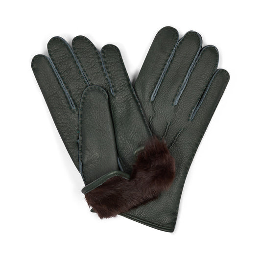 Deerskin Gloves with Rabbit Fur Lining in Dark Green