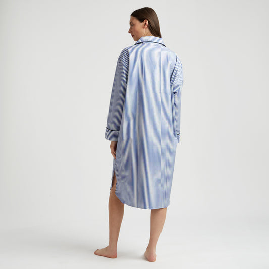 Exclusive Budd Stripe Cotton Nightshirt in Edwardian Blue on model back