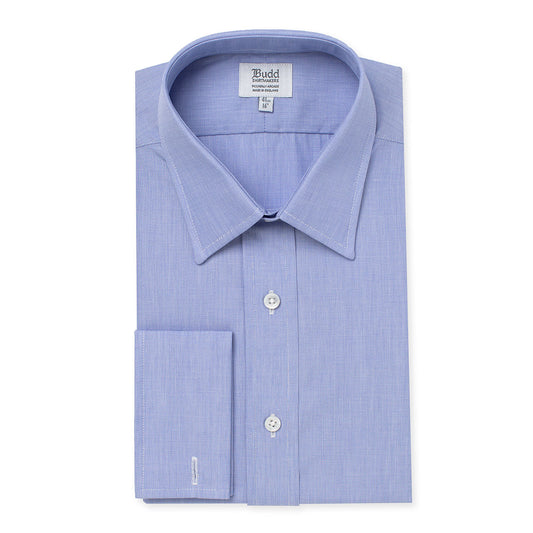 Classic Fit Plain End on End Double Cuff Shirt in Blue