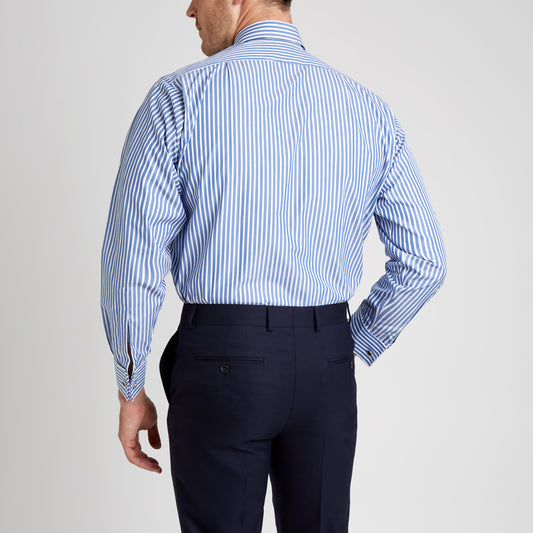 Classic Fit Exclusive Budd Stripe Double Cuff Shirt in Edwardian Blue on model back 