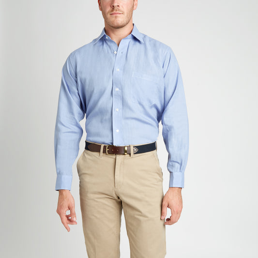 Classic Fit Plain Linen Button Cuff Shirt in Frejus on model front