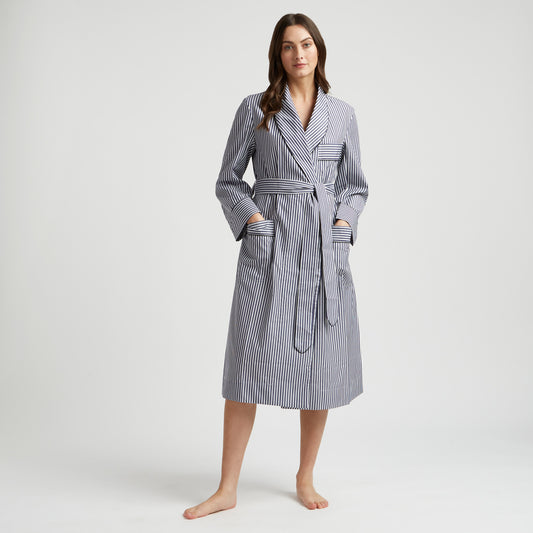 Exclusive Budd Stripe Cotton Dressing Gown in Edwardian Blue on model