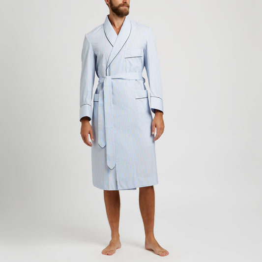 Exclusive Budd Stripe Cotton Dressing Gown in Sky Blue on model 