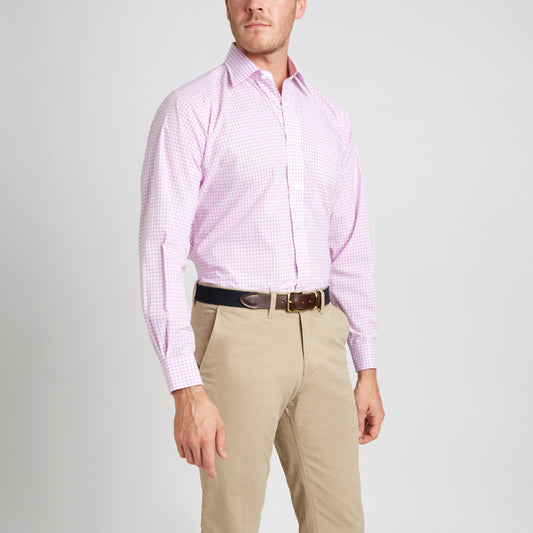 Classic Fit Check Zephyr Button Cuff Shirt in Lilac on model front