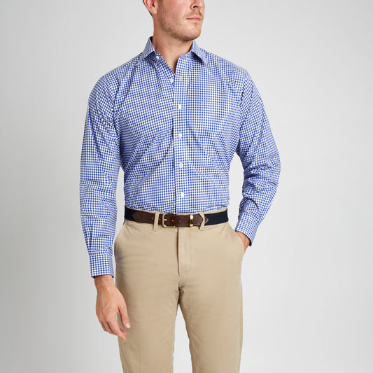 Classic Fit Check Zephyr Button Cuff Shirt in Royal on model 