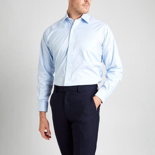 Classic Fit Puppytooth Fine Twill Button Cuff Shirt in Sky Blue on model