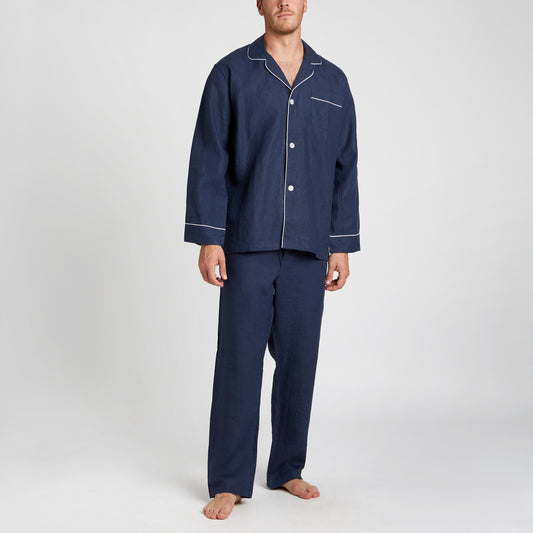Plain Linen Pyjamas in Navy on model 