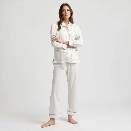 Exclusive Herringbone Cotton and Cashmere Women's Pyjamas in White and Red on model front