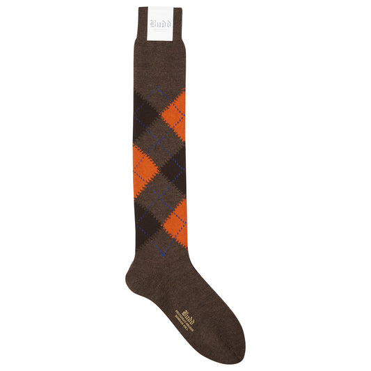 Argyle Wool Long Socks in Brown and Orange