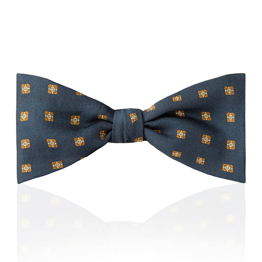 Motif Foulard Silk Thistle Bow Tie in Navy and Brown Tied
