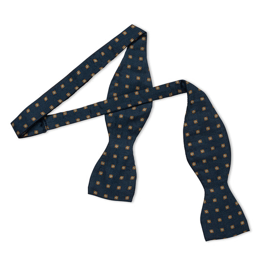 Motif Foulard Silk Thistle Bow Tie in Navy and Brown Untied