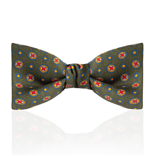 Motif Foulard Silk Thistle Bow Tie in Moss, Navy, Red and Orange