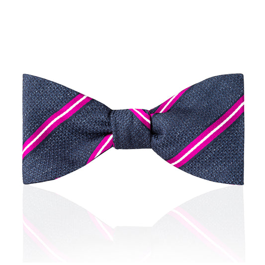 Multi-Stripe Tussah Silk Thistle Bow Tie in Magenta and White Tied