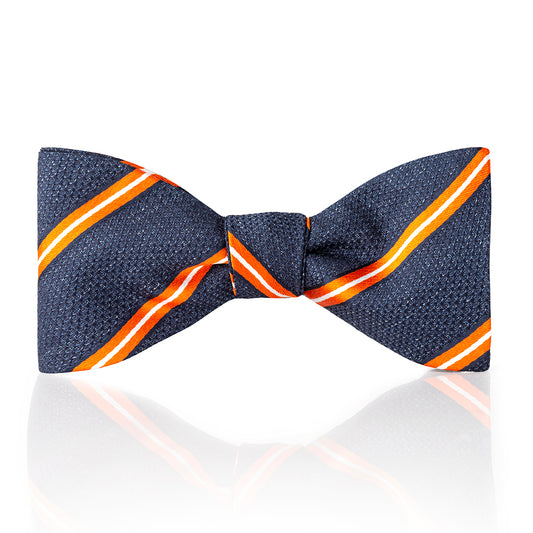 Multi-Stripe Tussah Silk Thistle Bow Tie in Orange and White Tied
