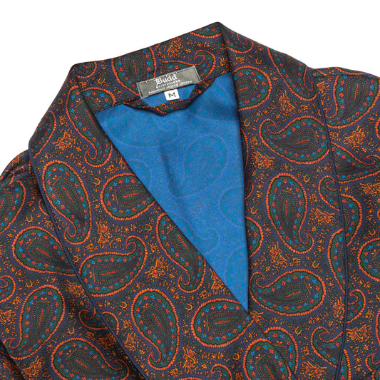 Ornate Paisley Madder Silk Dressing Gown in Navy Collar