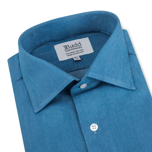 Classic Fit Plain Denim Button Cuff Shirt in Blue Collar
