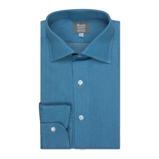 Tailored Fit Plain Denim Button Cuff Shirt in Blue