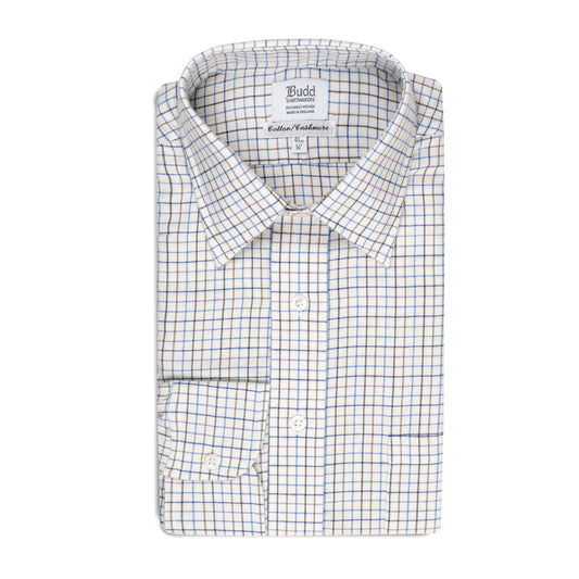 Classic Fit Petworth Check Cashmere and Cotton Shirt in Blue