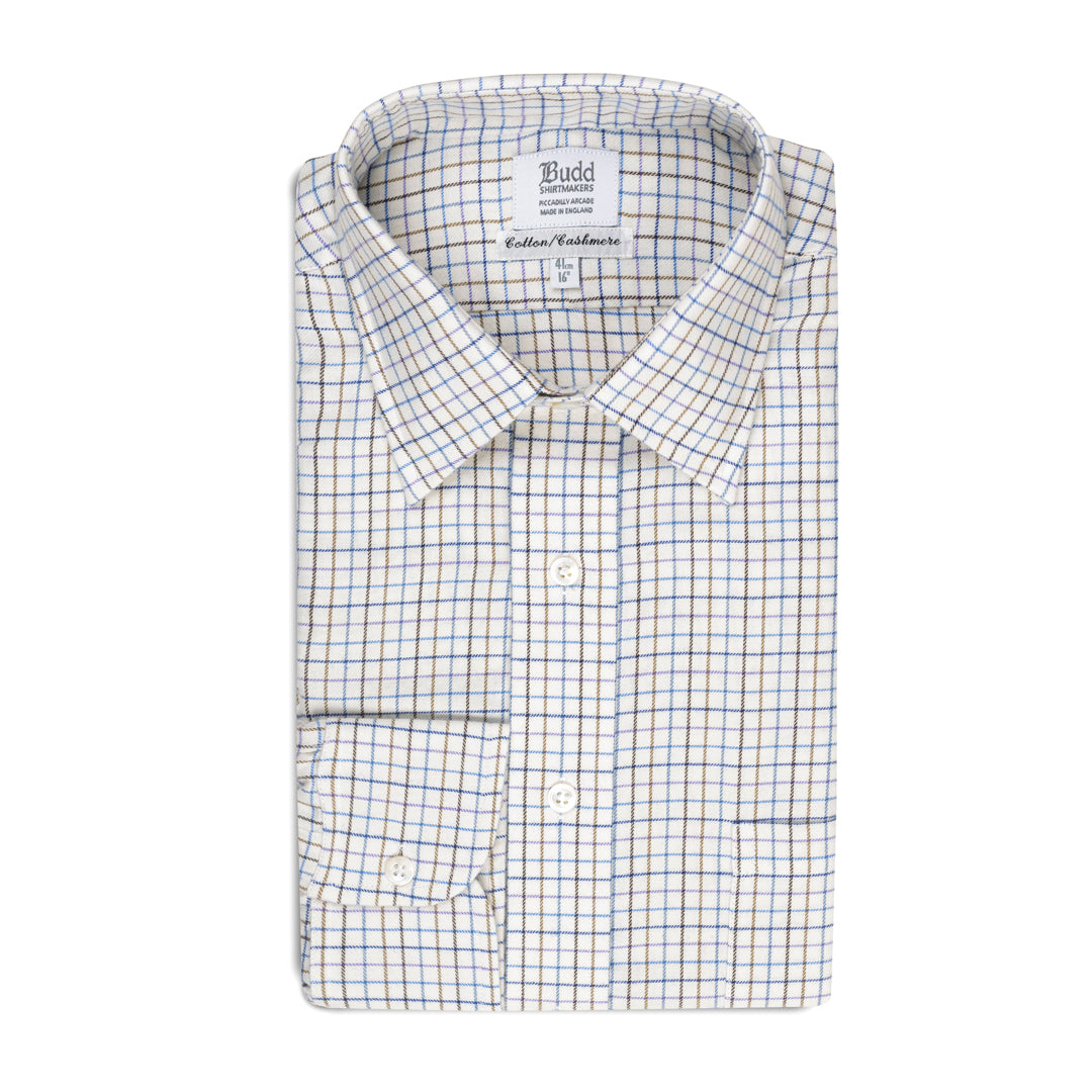 Classic Fit Petworth Check Cashmere and Cotton Shirt in Blue Budd London