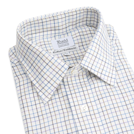 Classic Fit Petworth Check Cashmere and Cotton Shirt in Blue Collar