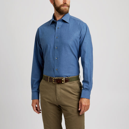 Tailored Fit Plain Brushed Cotton Button Cuff Shirt in Petrol on model front