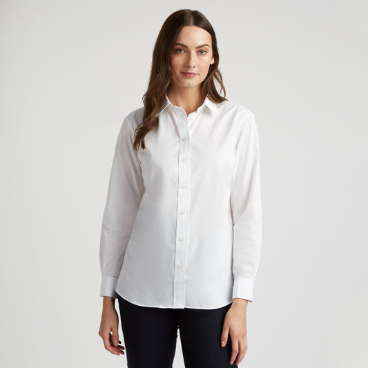 Buddette Poplin Button Cuff Shirt in White on model front