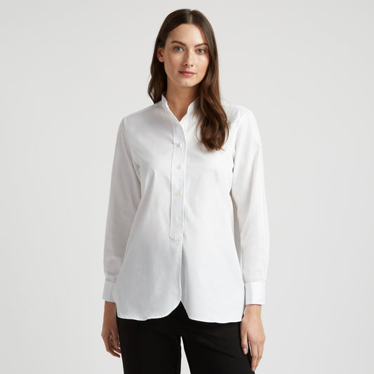 Grandad Pinpoint Button Cuff Shirt in White on model front