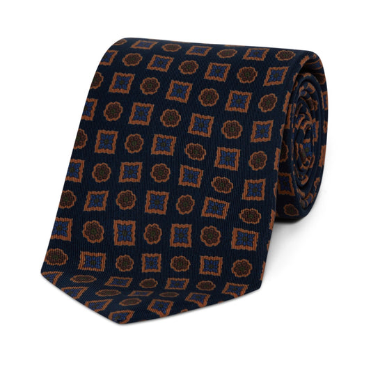 Diamond Floral Madder Silk Tie in Navy and Brown