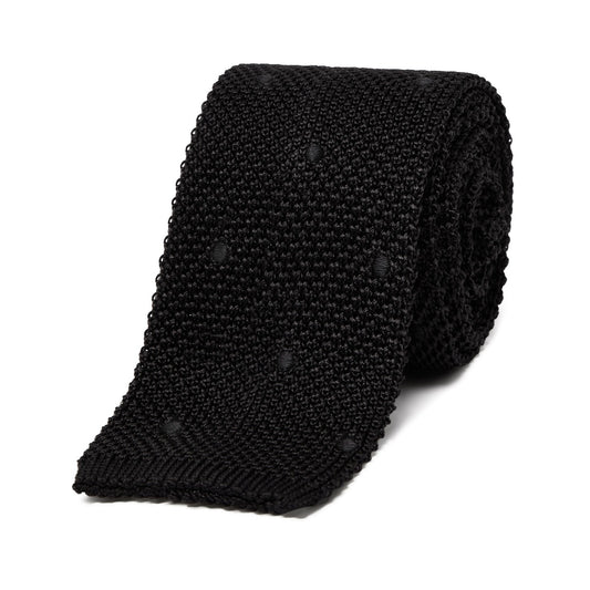 Silk Knitted Tie in Black with Black Self Spot