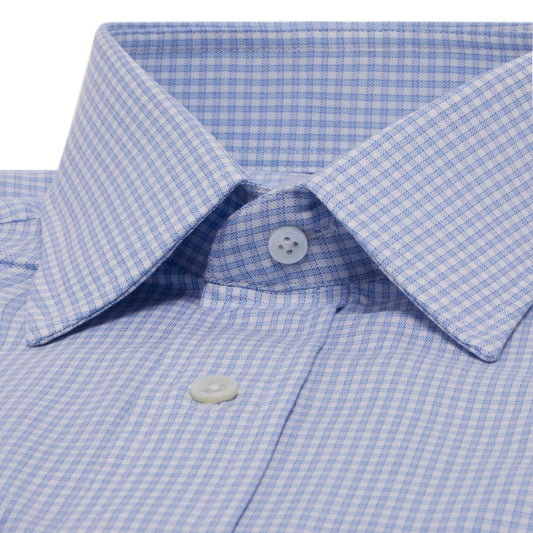 Classic Fit Grid Check Fine Twill Button Cuff Shirt in Sky Blue Collar Detail
