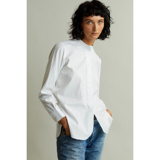 Grandad Pinpoint Button Cuff Shirt in White Campaign Shot