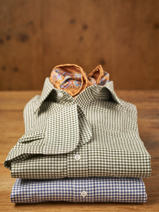 Tailored Fit Small Gingham Brushed Cotton Button Cuff Shirt in Green