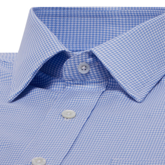 Classic Fit Dogtooth Italian Twill Button Cuff Shirt in Sky Blue Collar Detail