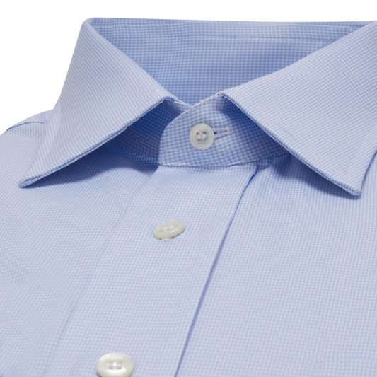 Classic Fit Puppytooth Fine Twill Button Cuff Shirt in Sky Blue collar