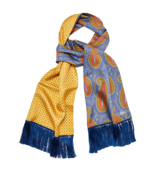 Contrast Enlarged Paisley and Square Motif Silk Scarf with Tassels in Blue