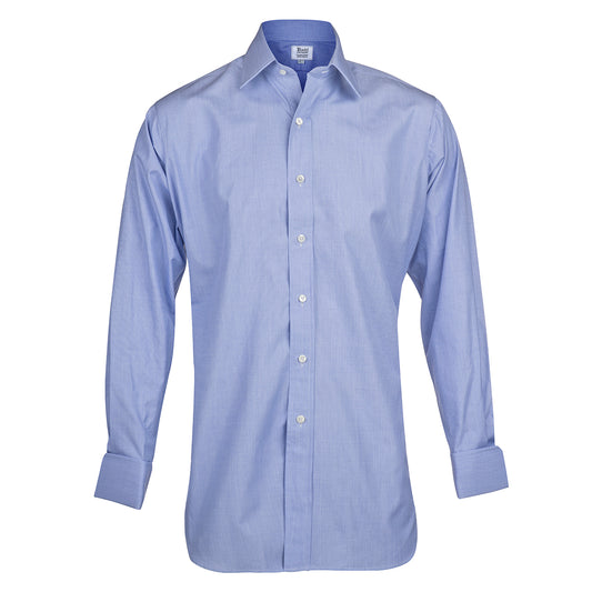 Classic Fit Plain End on End Double Cuff Shirt in Blue