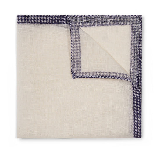 Ivory Linen Pocket Square with Houndstooth Edge in Navy