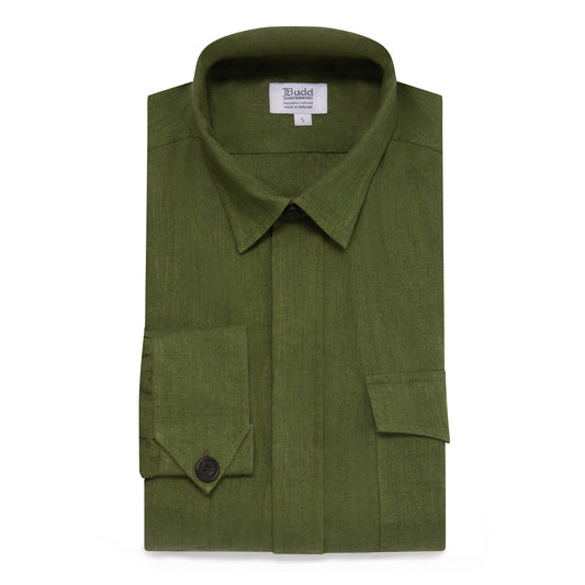 Plain Linen Button Cuff Safari Shirt in Khaki