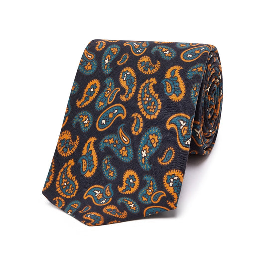 Blue and Gold Paisley Print Silk Tie