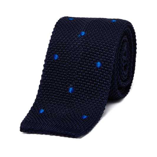 Silk Knitted Tie in Navy with Royal Spot
