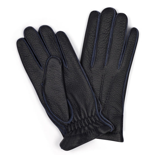 Plain Deerskin Gloves in Navy with Yellow Cashmere Lining