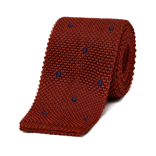 Silk Knitted Tie in Red with Navy Spot