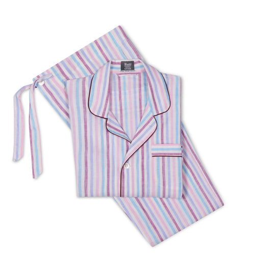 Stripe Linen Tailored Fit Pyjamas in White, Blue and Pink