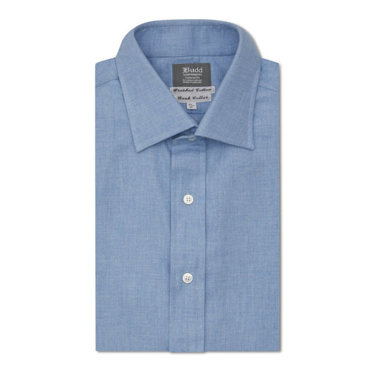 Tailored Fit Plain Brushed Cotton Button Cuff Shirt in Blue